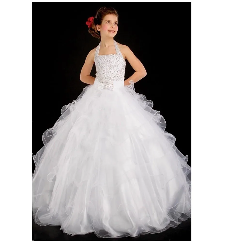 Очаровательные Белые Нарядные платья для девочек, трапециевидные с оборками, очень верхняя лямка через шею, из бисера и органзы с бантом для...