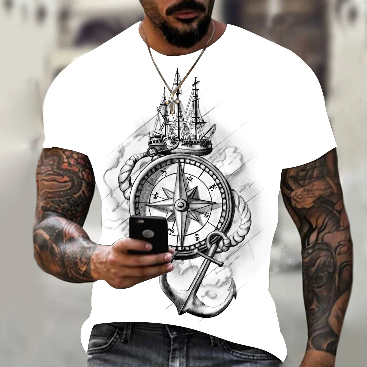 Новинка лета 2022 Мужская футболка с 3D-принтом и компасом стиль хип-хоп женская