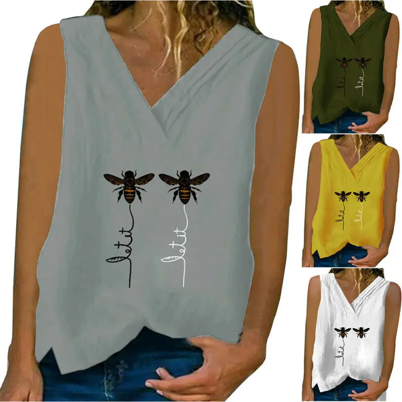 Womens Sleeveless Tees Bee Printed Tank Top Casual Ladies Loose Casual Camisole Fashion Summer 2021 V-neck Clothing Female Vest
Womens Sleeveless Tees Bee Printed Tank Top Casual Ladies Loose Casual Camisole Fashion Summer 2021 V-neck Clothing Female Vest