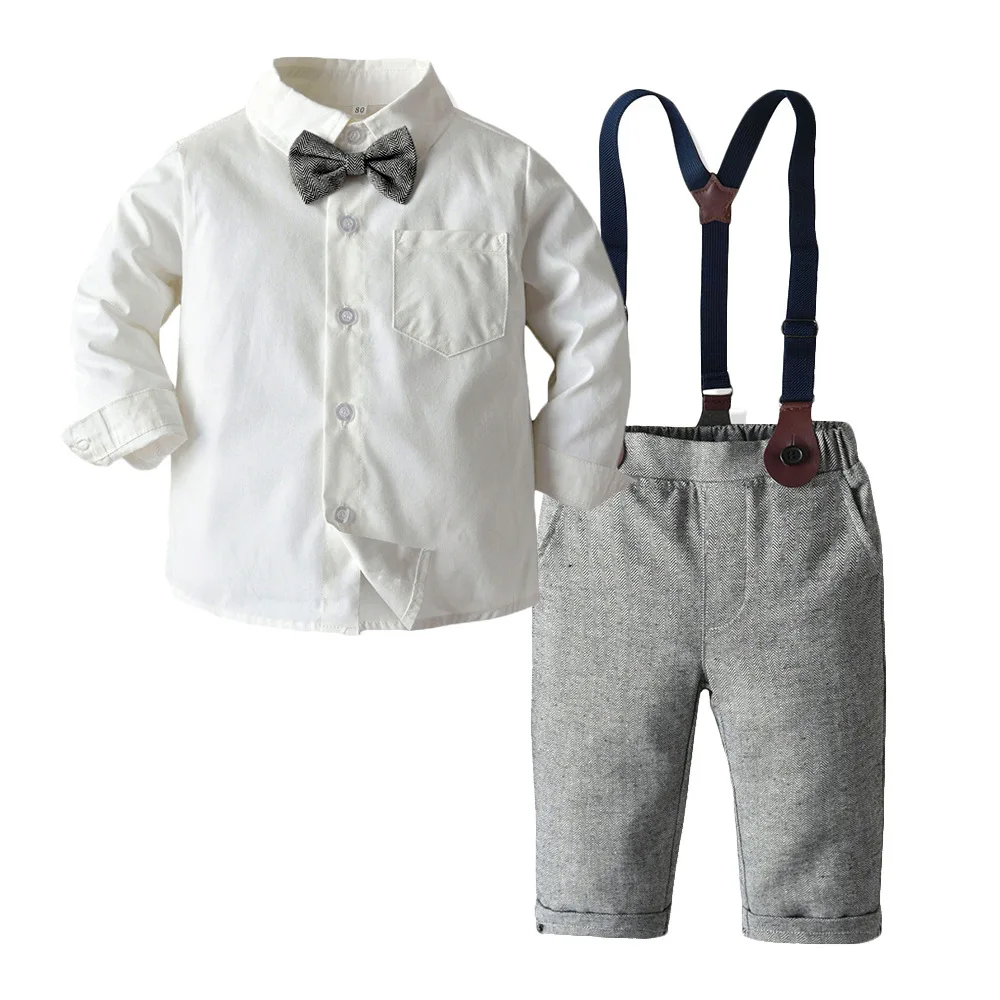 

Fashion Kids Clothing Sets Boy Gentleman Suit Long Sleeve White Bowtie Shirt+Overalls 2Pcs Clothes Outfits Tuxedo