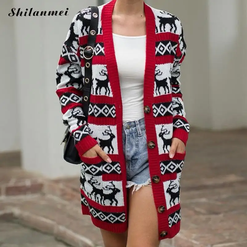 Christmas Women'S Sweater Coat Single Breasted Casual Loose Knitted Cardigans Women Brand Clothing Deer Print Long Knitwear Coat
Christmas Women'S Sweater Coat Single Breasted Casual Loose Knitted Cardigans Women Brand Clothing Deer Print Long Knitwear Coat