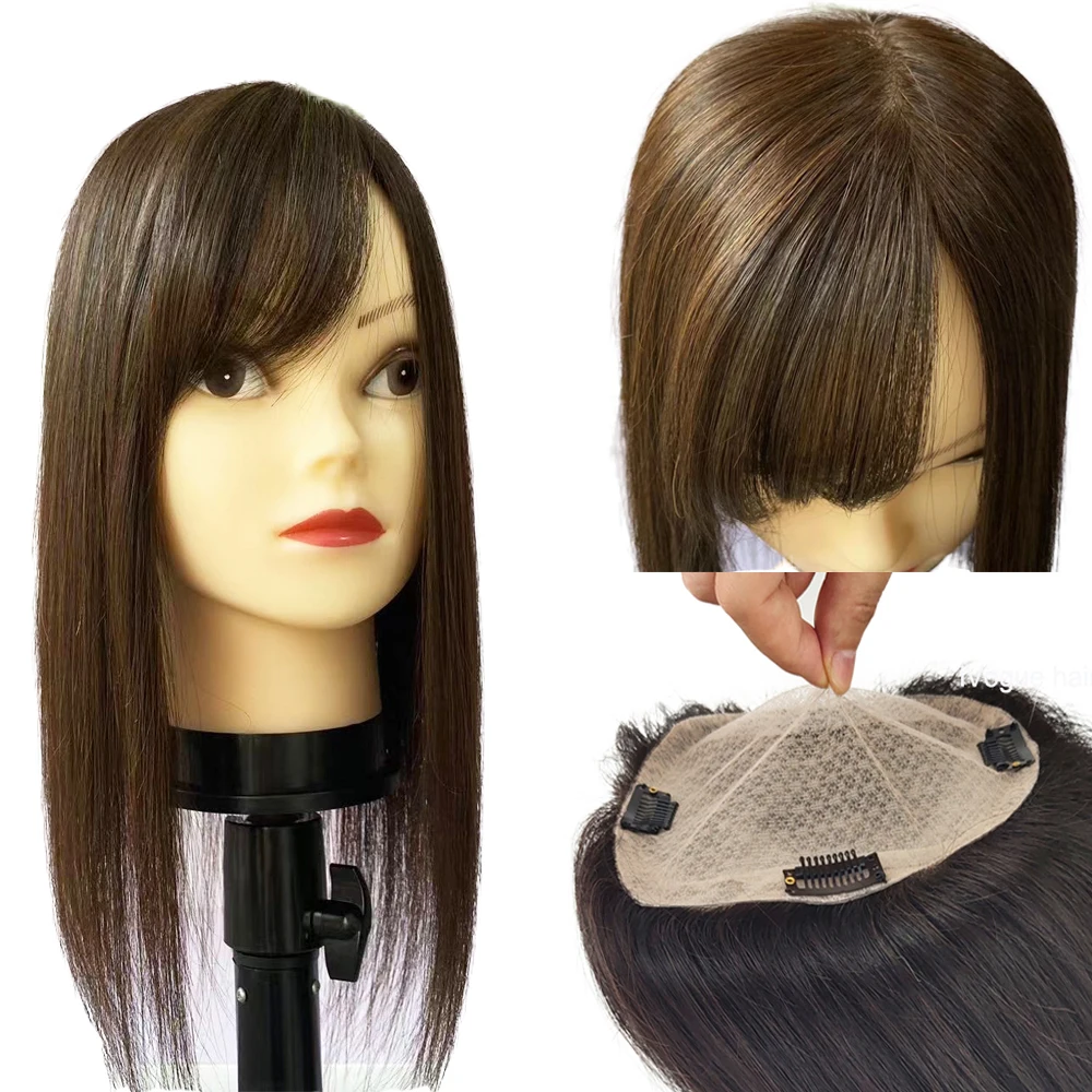 

Brown Human Hair Topper with Side Bangs for Women Overlays Skin Base Toupee 5X5inch Scalp Top 4D Fringe Clip In Hairpieces