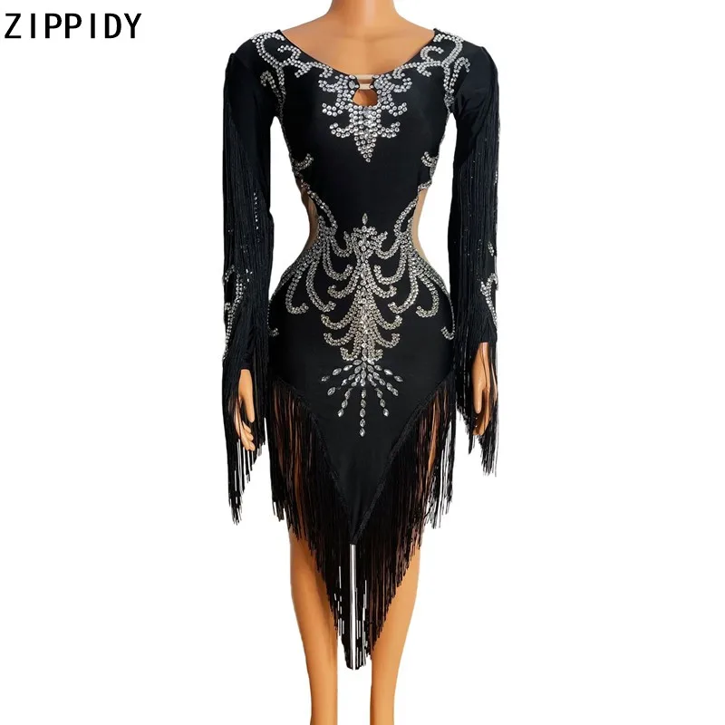 

Silver Rhinestone Long Sleeve Fringes Spandex Dress Bar Women Dancer Evening Outfit Birthday Celebrate Latin Dress