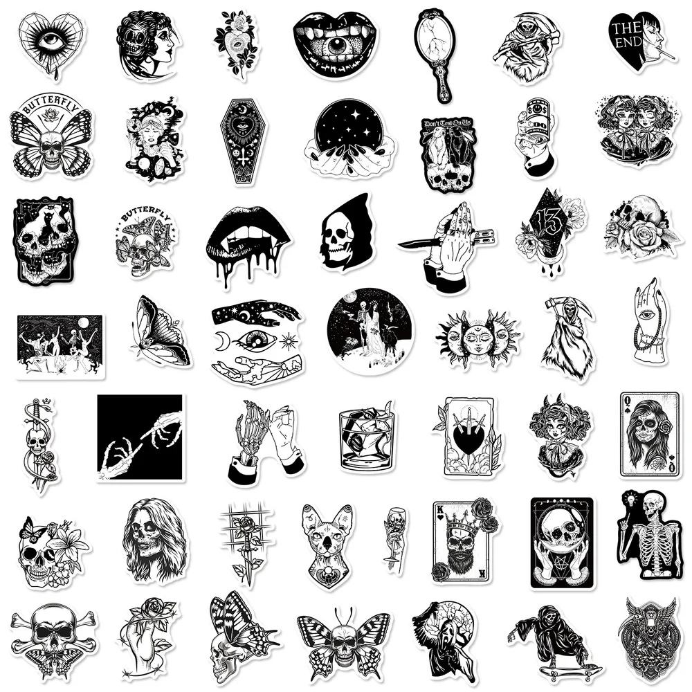 10/50pcs Gothic Devil Skull Magic Spells Black White Stickers for Phone Laptop Luggage Skateboard Bike Motorcycle Car Sticker
10/50pcs Gothic Devil Skull Magic Spells Black White Stickers for Phone Laptop Luggage Skateboard Bike Motorcycle Car Sticker