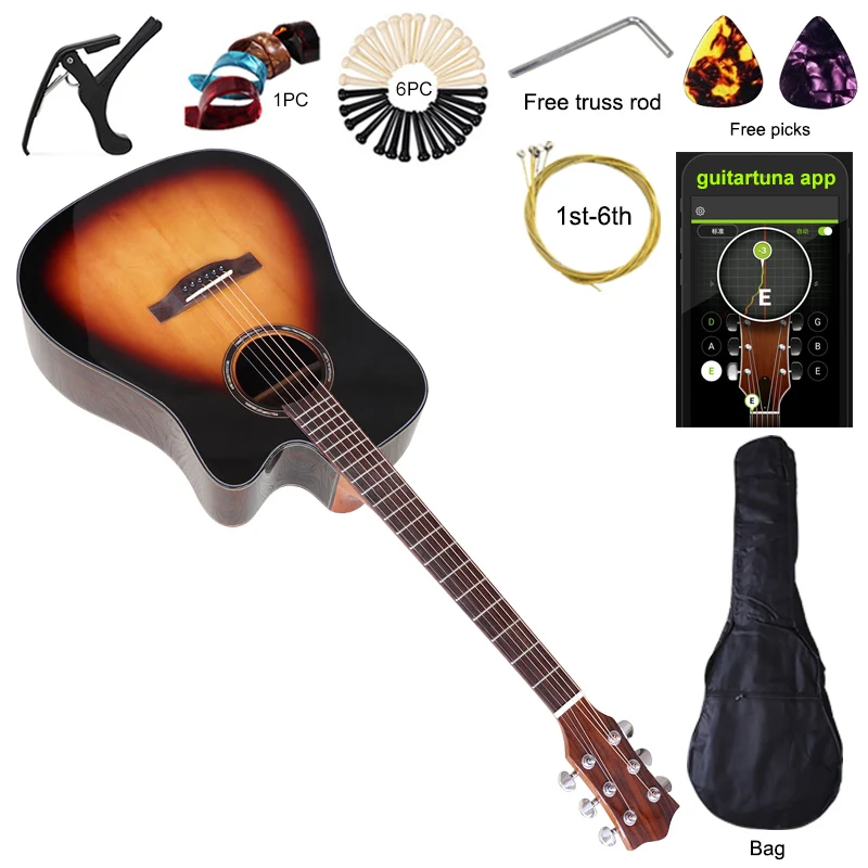 Sunburst Color 6 Strings Acoustic Guitar Solid Spruce Wood Top 41 Inch Cutaway Design Folk Guitar High Gloss Wood Guitar 
Sunburst Color 6 Strings Acoustic Guitar Solid Spruce Wood Top 41 Inch Cutaway Design Folk Guitar High Gloss Wood Guitar