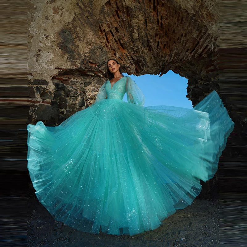 Fairy Mint Green Shiny Tulle Drsses Pretty A-Line V-Neck Long Puffy Latern Sleeves Celebrity Party Evening Gowns Vestiti
Fairy Mint Green Shiny Tulle Drsses Pretty A-Line V-Neck Long Puffy Latern Sleeves Celebrity Party Evening Gowns Vestiti