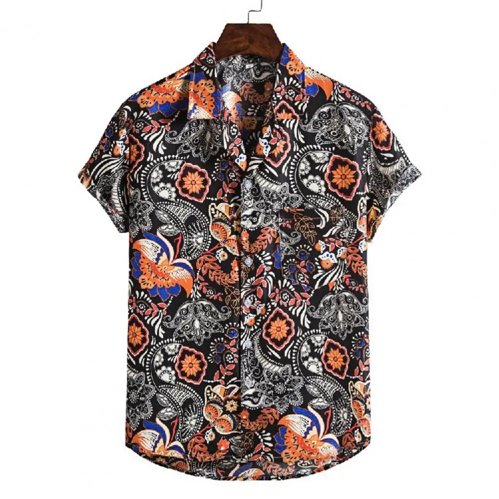 

2021 Summer Men Print Short Sleeve Turndown Collar Button Casual Loose T-shirt Hawaiian Shirt Beachwear