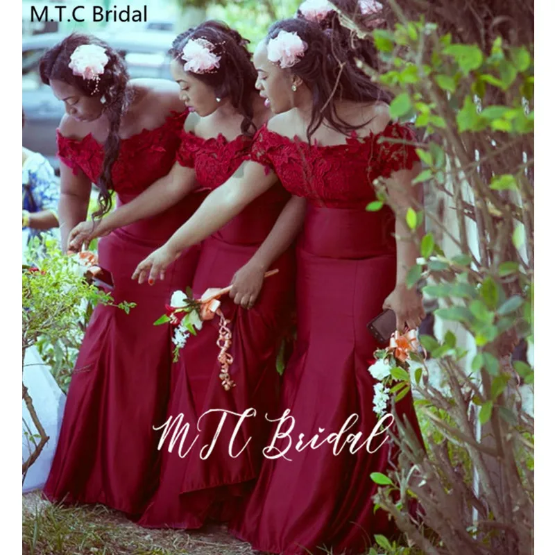 Customize Burgundy African Bridesmaid Dresses Off The Shoulder Lace Top Mermaid Wedding Party Dress For Women 2020 New Design
Customize Burgundy African Bridesmaid Dresses Off The Shoulder Lace Top Mermaid Wedding Party Dress For Women 2020 New Design