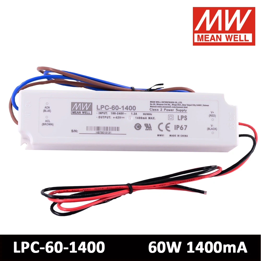 Mean Well LPC-60-1400 60W 1400mA Switching Power Supply Constant Current IP67 LED External driver for 1pcs Cob Cree CXB3590
Mean Well LPC-60-1400 60W 1400mA Switching Power Supply Constant Current IP67 LED External driver for 1pcs Cob Cree CXB3590