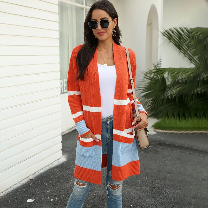 New Women's Autumn and Winter Pocket Knitted Cardigan Striped Stitching Contrasting Color Fashion Loose Sweater Cardigan
New Women's Autumn and Winter Pocket Knitted Cardigan Striped Stitching Contrasting Color Fashion Loose Sweater Cardigan