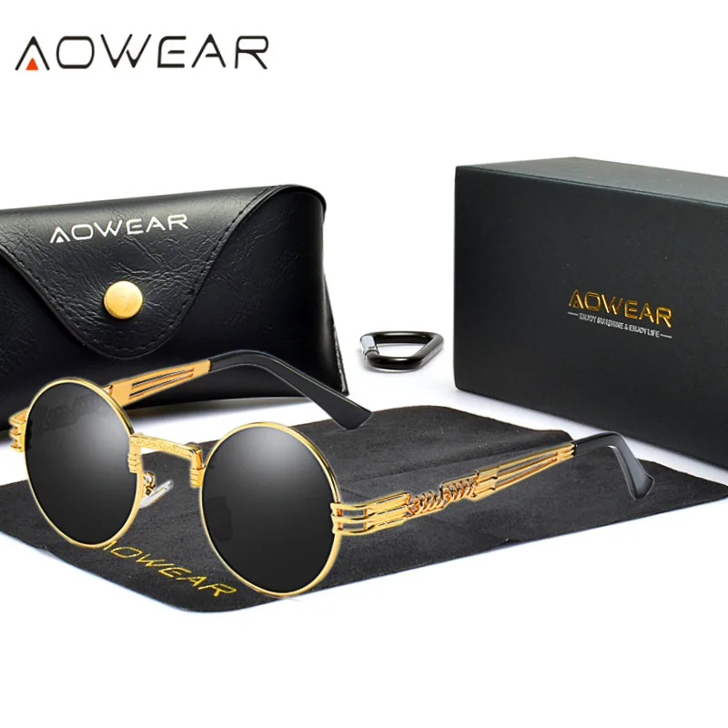 Солнцезащитные очки AOWEAR мужские круглые поляризационные готические солнечные в