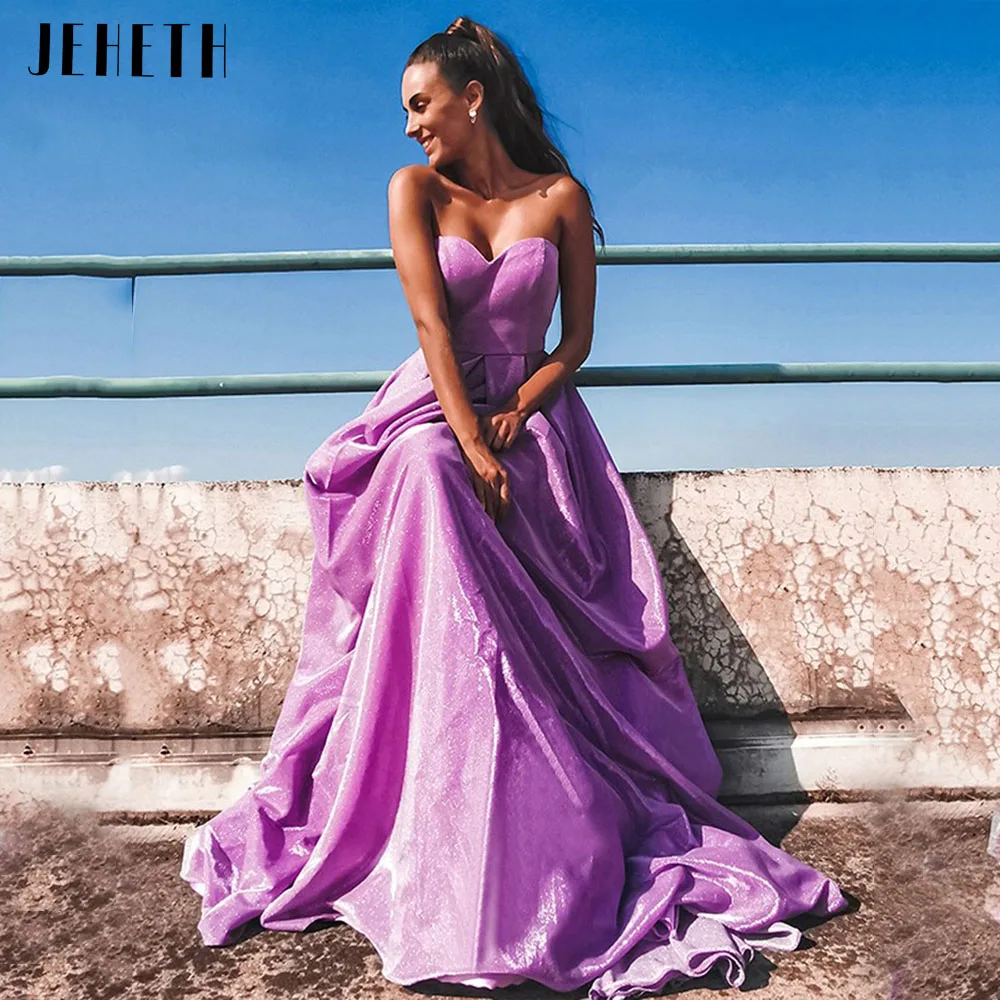 

JEHETH Purple Shiny Sweetheart Strapless Evening Dresses Sparkle Prom A-Line Backless Princess Party Gowns robes de soirée 2022