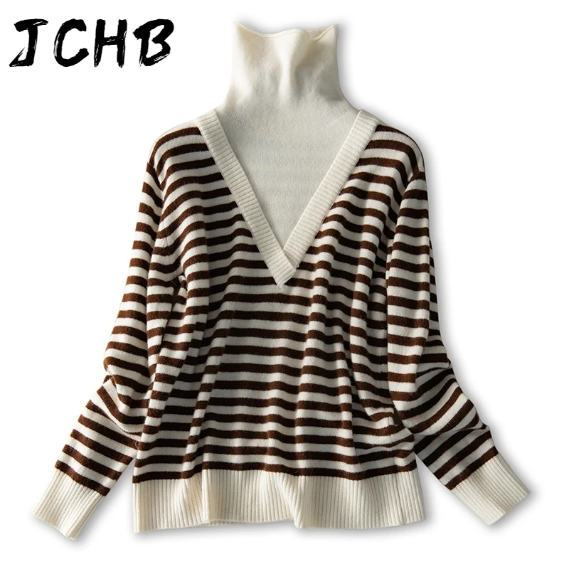 JCHB Winter Women Turtleneck Sweater Pullovers Fashion Striped Fake Two-Piece Knitted Jumpers Elegant Lady Knitwear Sweater 2021 
JCHB Winter Women Turtleneck Sweater Pullovers Fashion Striped Fake Two-Piece Knitted Jumpers Elegant Lady Knitwear Sweater 2021