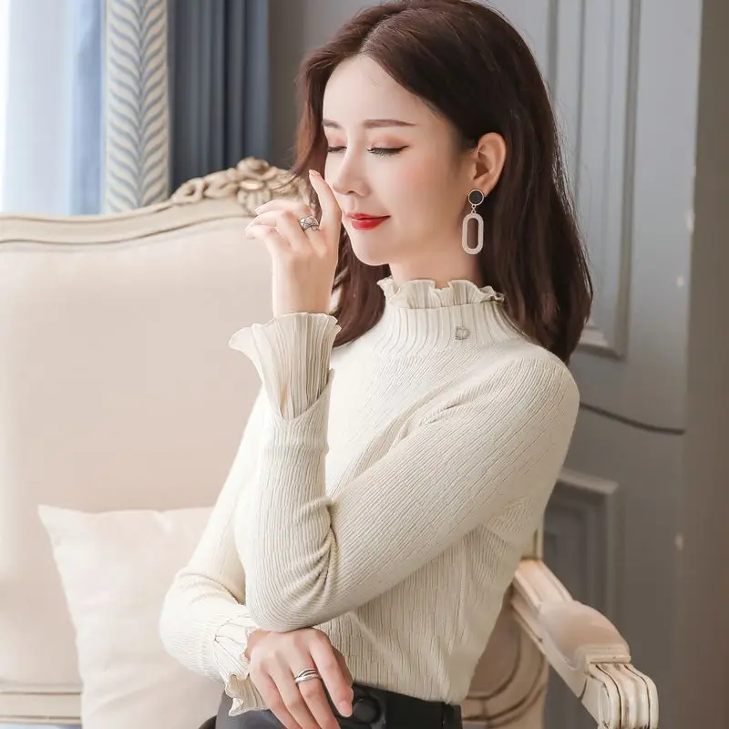 Осень 2022 Новинка корейский стиль лотос лист край бабочка рукав базовый свитер