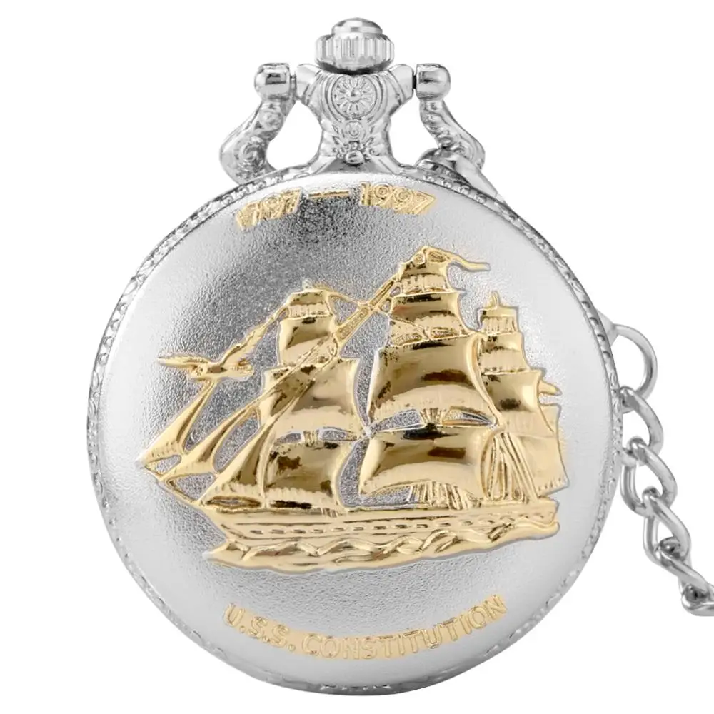 Silver Golden Military Series U.S Navy USS Constitution Sail Frigate Quartz Pocket Watch FOB Chain Old Ironsides 1797-1997 | Наручные