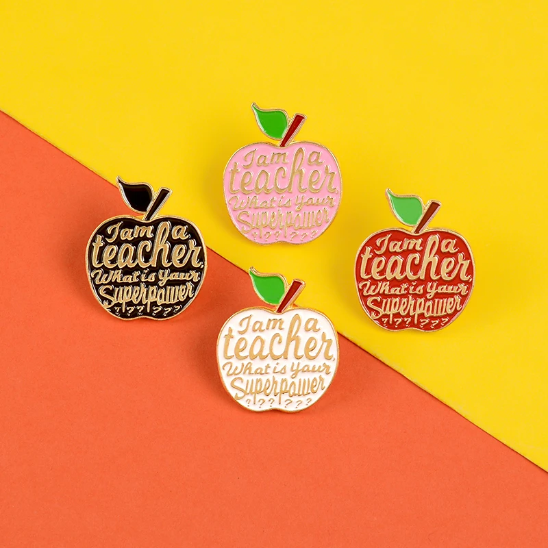 

Teacher enamel pins Quote I am a teacher badges brooches Pink red Apple Lapel pin badges Fruit plant jewelry gifts idea