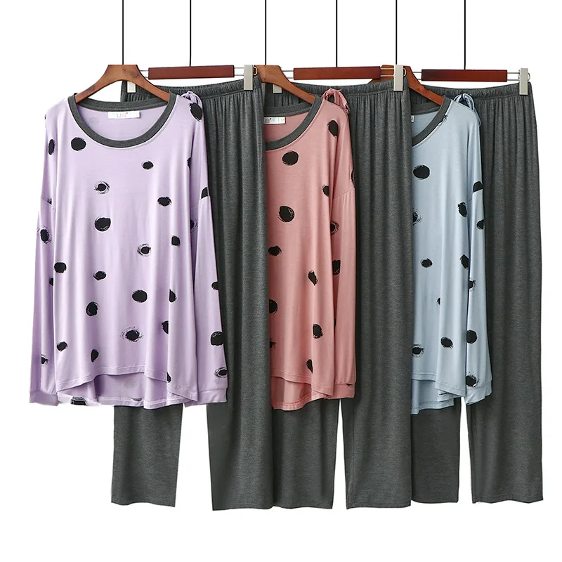 Pijamas Women Modal Pajamas Women Sleepwear Loose Polka Dot Hit Color Home Suit Round Neck Full Length lounge wear Home clothing
Pijamas Women Modal Pajamas Women Sleepwear Loose Polka Dot Hit Color Home Suit Round Neck Full Length lounge wear Home clothing