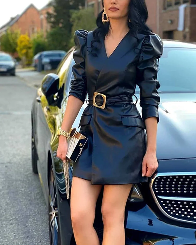 ZOULV 2020 Women's Autumn and Winter Black PU Bubble Sleeves Slim Office Professional Skirt Belt V-neck Slim Suit Jacket Dress
ZOULV 2020 Women's Autumn and Winter Black PU Bubble Sleeves Slim Office Professional Skirt Belt V-neck Slim Suit Jacket Dress