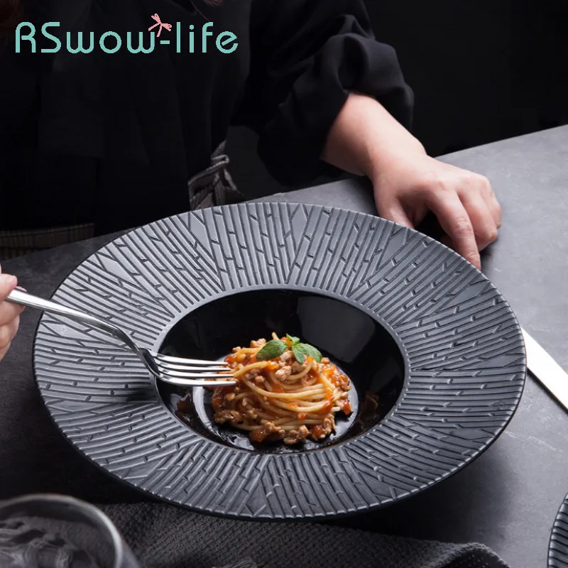 11.8 Inch Ceramic Tableware Western Restaurant Hotel Black Stripe Matte Pasta Ceramic Dinner Plate Straw Hat Soup Plate For Home
11.8 Inch Ceramic Tableware Western Restaurant Hotel Black Stripe Matte Pasta Ceramic Dinner Plate Straw Hat Soup Plate For Home