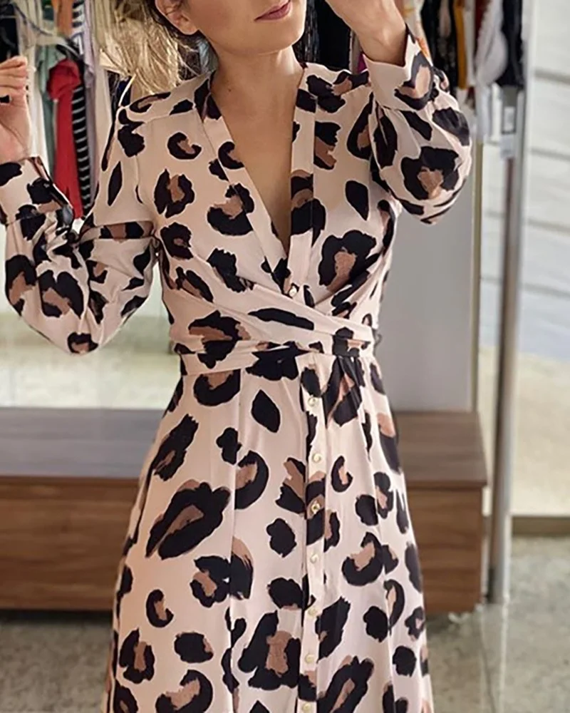 2021 Women's Long Sleeve Leopard Print Fall Dress V Neck High Waist Dress
2021 Women's Long Sleeve Leopard Print Fall Dress V Neck High Waist Dress