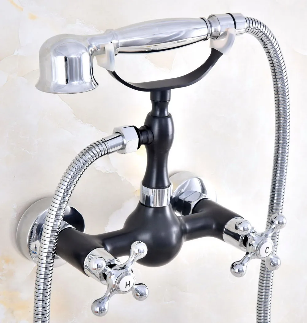 Черный и полированный хромированный латунный настенный набор для ванной комнаты, ручной смеситель с 1500 мм шлангом и распылителем Dna608