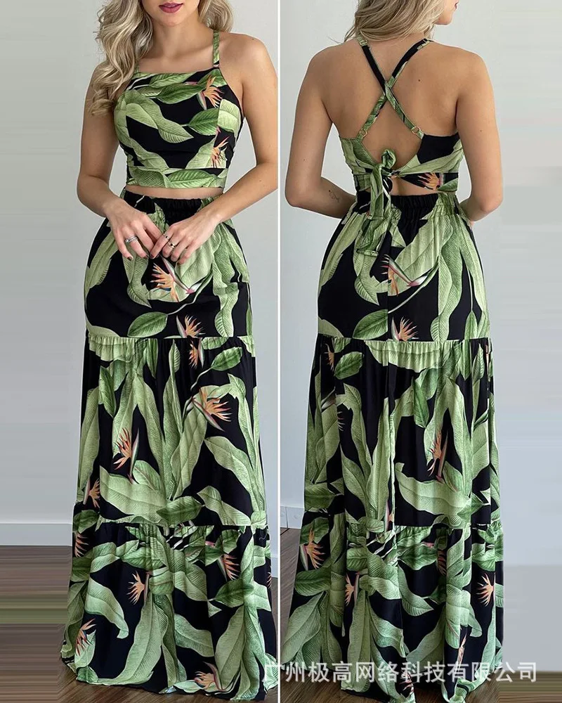 Women's Skirt Suit Fashion Two Piece Set 2021 Autumn New Back Hollow Lace Up Top and Long Skirt Set Green Printed Women's 
Women's Skirt Suit Fashion Two Piece Set 2021 Autumn New Back Hollow Lace Up Top and Long Skirt Set Green Printed Women's