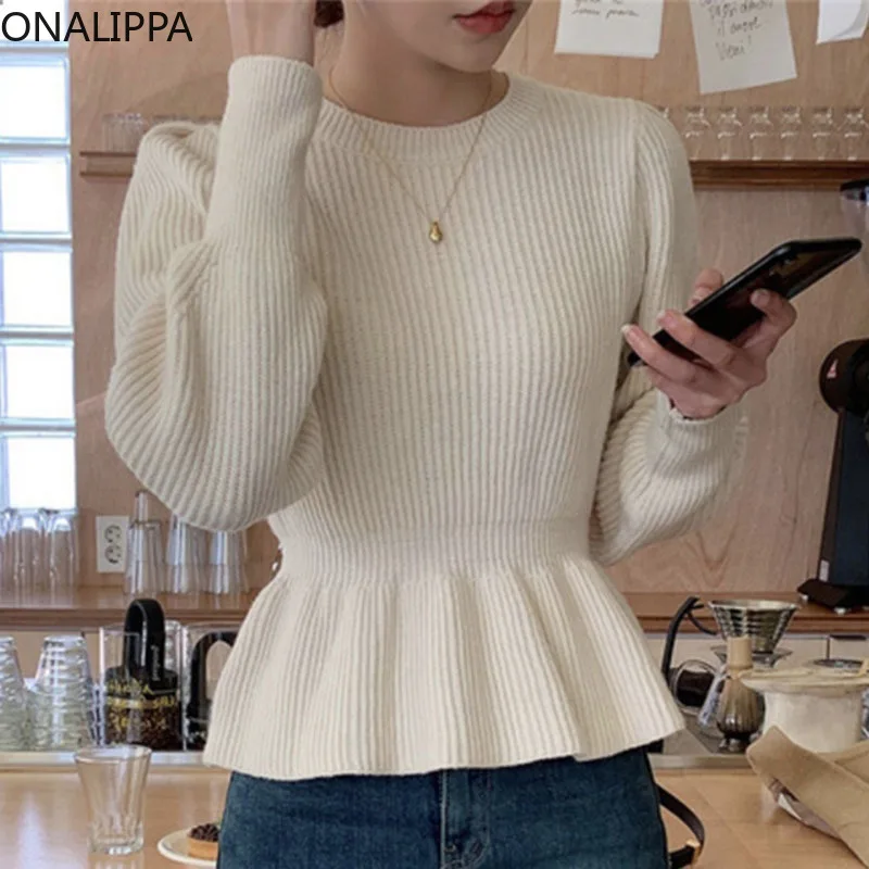 ONALIPPA Japanese Gentle Temperament Sweater Female Round Neck Slim High Waist Pit Strip Puff Sleeve Hem Ruffle Knitted Pullover
ONALIPPA Japanese Gentle Temperament Sweater Female Round Neck Slim High Waist Pit Strip Puff Sleeve Hem Ruffle Knitted Pullover