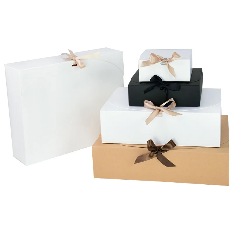 

1pc White Kraft Black Gift Box Cardboard Package Candy Storage Boxes With Ribbons Handmade Box Wedding Birthday Party Supplies