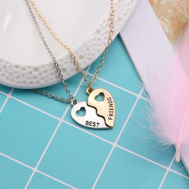 Cute Hollow Broken Hearts Necklace Best Friends Forever Pendant Gold Silver 2Pcs Set Lovers' Handmade Jewelry Birthday Gifts |