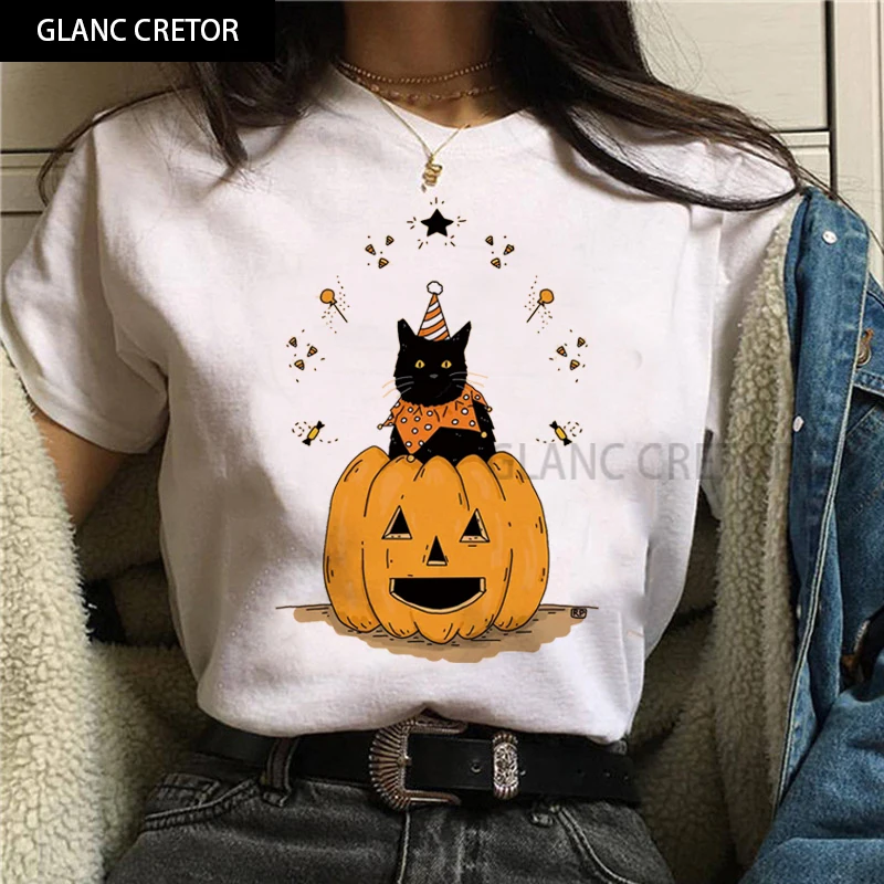 Halloween Cartoon Tops Tees Femme Women T Shirt Black Cat Tshirt Murderous Cat Women Funny T Shirt
Halloween Cartoon Tops Tees Femme Women T Shirt Black Cat Tshirt Murderous Cat Women Funny T Shirt