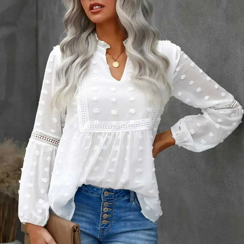 Женская блузка с длинным рукавом, белая рубашка в горошек в стиле бохо, топы, женские топы с V-образным вырезом, шифоновая женская блузка 
Женская блузка с длинным рукавом, белая рубашка в горошек в стиле бохо, топы, женские топы с V-образным вырезом, шифоновая женская блузка