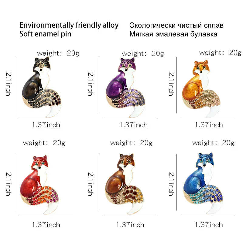 

6 Colors Fox Brooch Rhinestone Animal Corsage Lapel Pin Scarf Bag Clothes Colorful Glaze Jewelry Gift for Women Friends Children