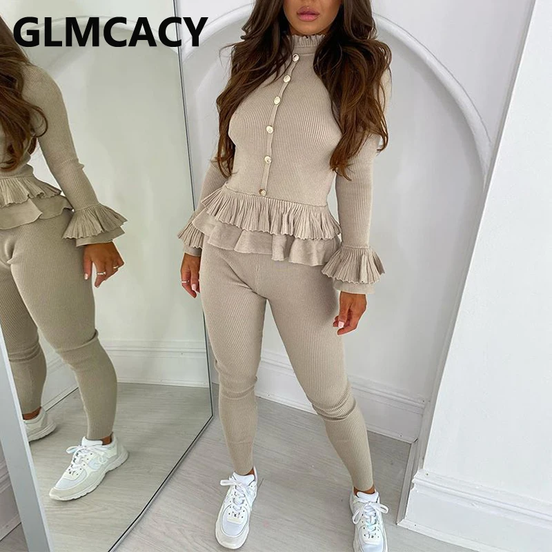 Women Solid Elegant Two Piece Suits Long Sleeve Ruffles Top and Skinny Pants Set
Women Solid Elegant Two Piece Suits Long Sleeve Ruffles Top and Skinny Pants Set