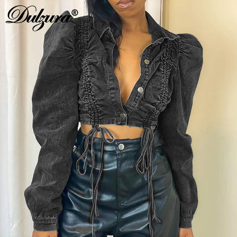 Dulzura 2021 Autumn Winter Puff Sleeve Drawstring Denim Jacket Ruched Crop Coats Turn Down Collar Fashion Streetwear Y2K Clothes 
Dulzura 2021 Autumn Winter Puff Sleeve Drawstring Denim Jacket Ruched Crop Coats Turn Down Collar Fashion Streetwear Y2K Clothes