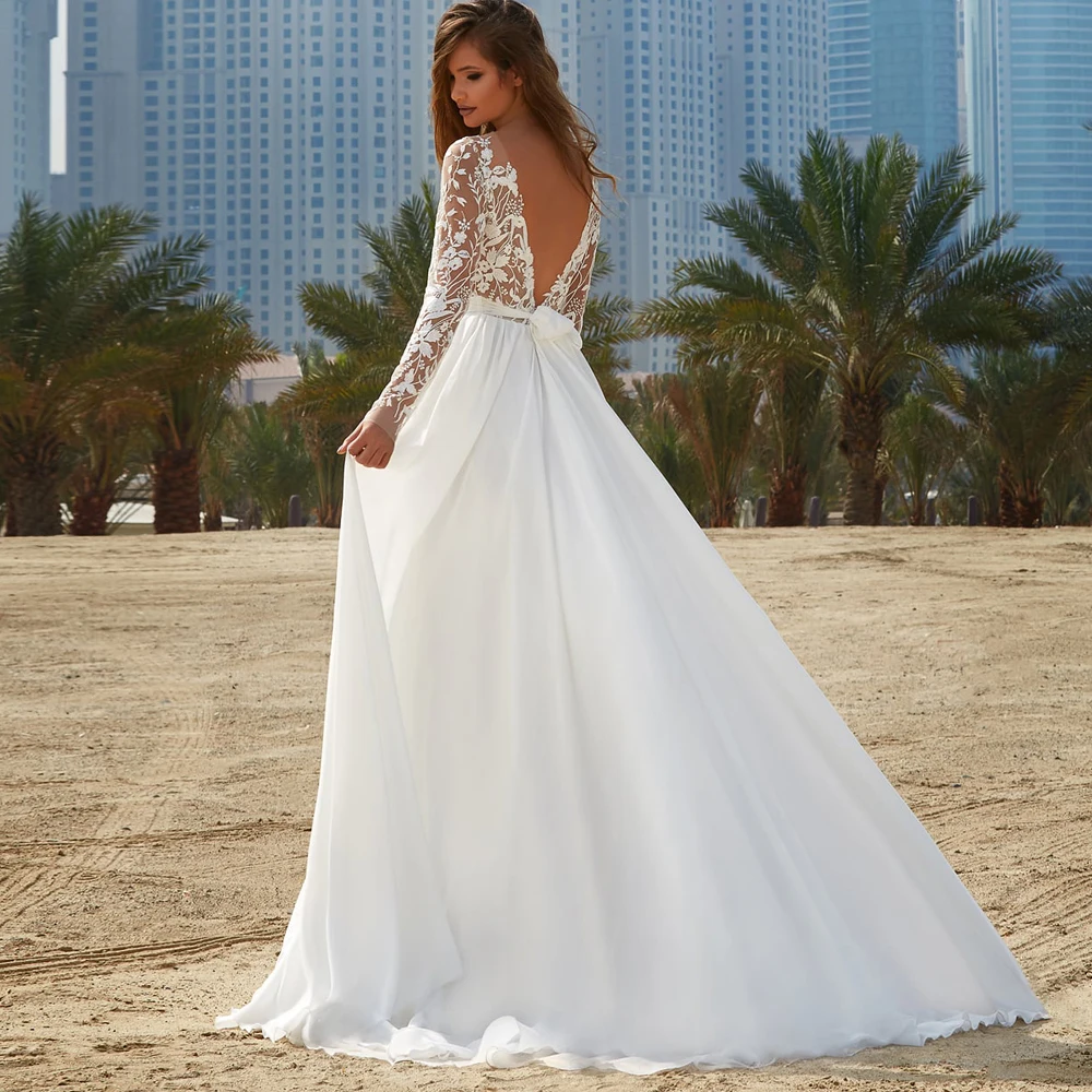 Vestidos Charming Wedding Dresses Chiffon Appliques Pleat Bateau Full Sleeve Backless A-Line Bridal Gowns
Vestidos Charming Wedding Dresses Chiffon Appliques Pleat Bateau Full Sleeve Backless A-Line Bridal Gowns