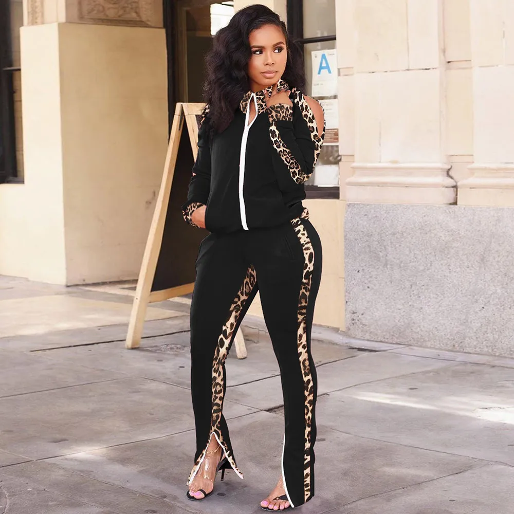 Women's Tracksuit Leopard Patchwork Full Sleeve Off Shoulder Jacket and Split Hem Jogger Sweatpant Activewear Autumn 2 Pcs Set
Women's Tracksuit Leopard Patchwork Full Sleeve Off Shoulder Jacket and Split Hem Jogger Sweatpant Activewear Autumn 2 Pcs Set