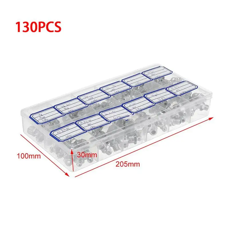 130pcs Grease Nozzle Metric Imperial M6/M8/M10 BSP UNF Metal Galvanized Assorted Car Connector Fittings with Box
130pcs Grease Nozzle Metric Imperial M6/M8/M10 BSP UNF Metal Galvanized Assorted Car Connector Fittings with Box