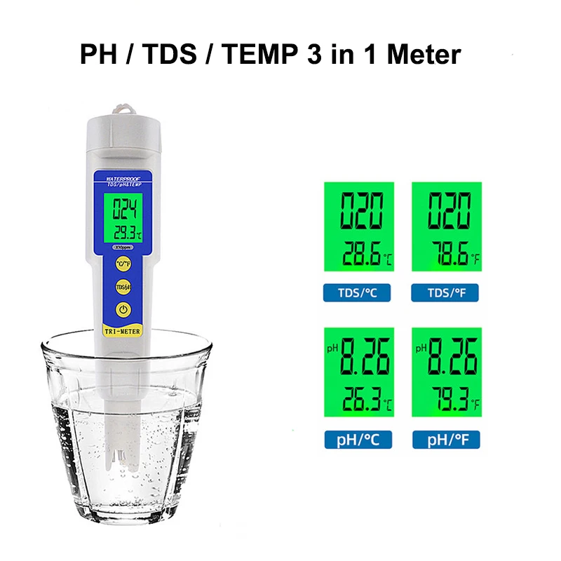 

Digital 3 in 1 PH TDS TEMP Meter Aquarium Swimming Pool Drink Water Quality Analyzer LCD Backlight Display Acidimeter PPM Tester