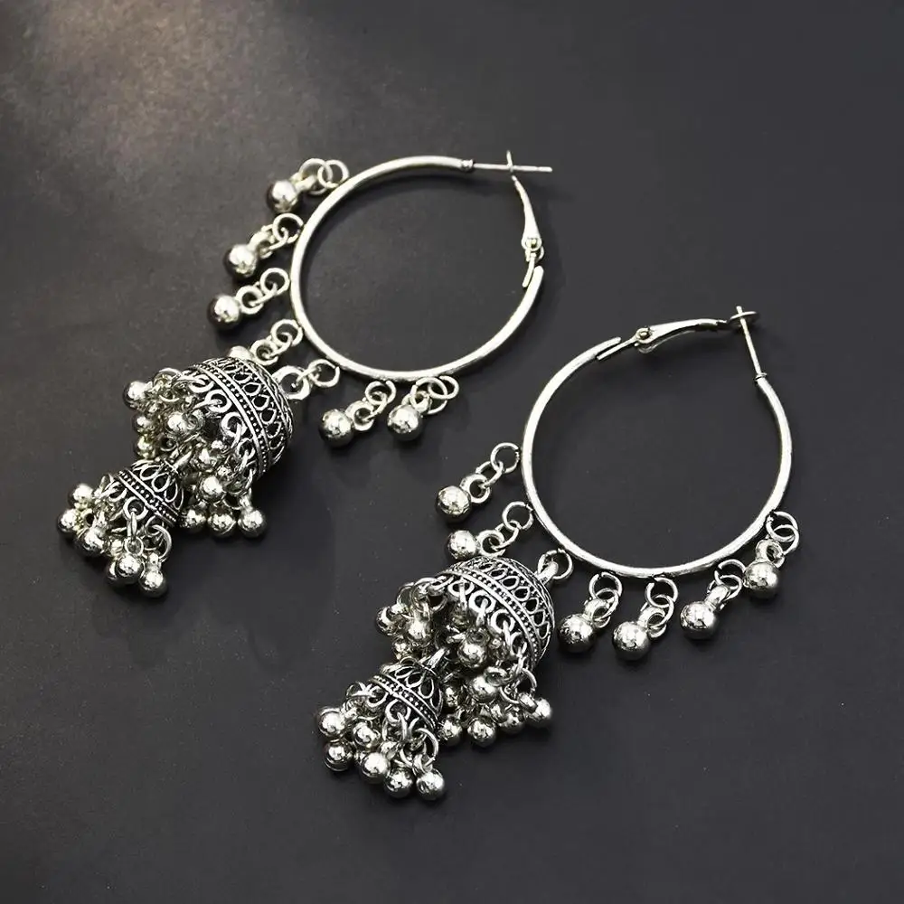 Indian Jhumka Jewelry Gold Sliver Small Bells Drop Tassel Earrings Women Girls Boho Ethnic Big Round Circle Dangling Earring | Украшения и