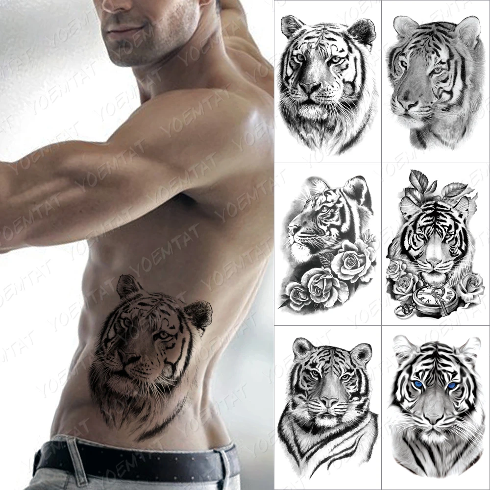 

Черный Тигр временная татуировка наклейка для мужчин женщин цветы Волк Лион лиса водостойкая поддельная хна череп животных боди-арт тату