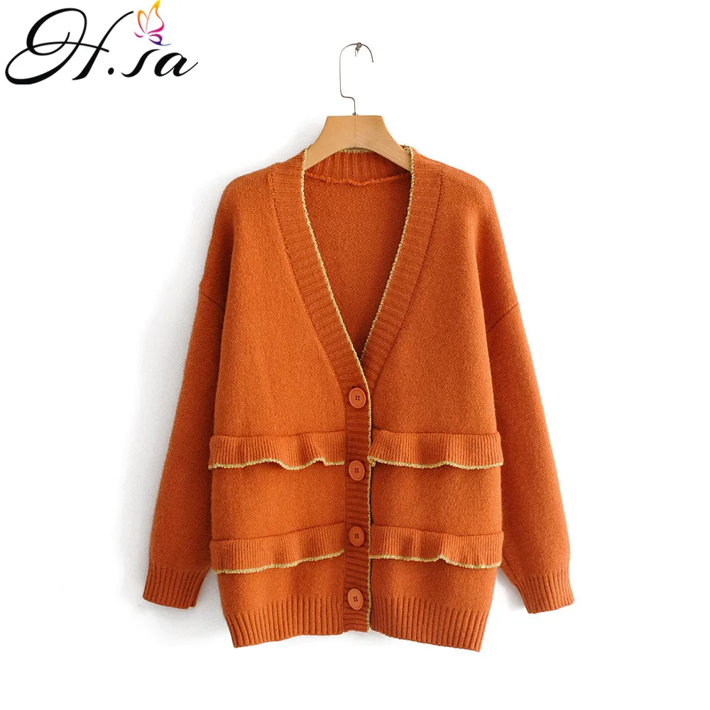 Hsa European Fashion 2020 Women Long Sleeve Ruffles Cardigans Knitted Sweater Ponchoes V neck Oversized Blue Pink Knit Jacket |