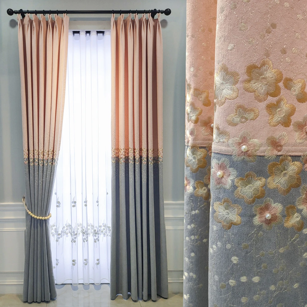 

2022 New Simple Embroidered Curtain Shading Finished Girly Style Curtains for Living Dining Room Bedroom