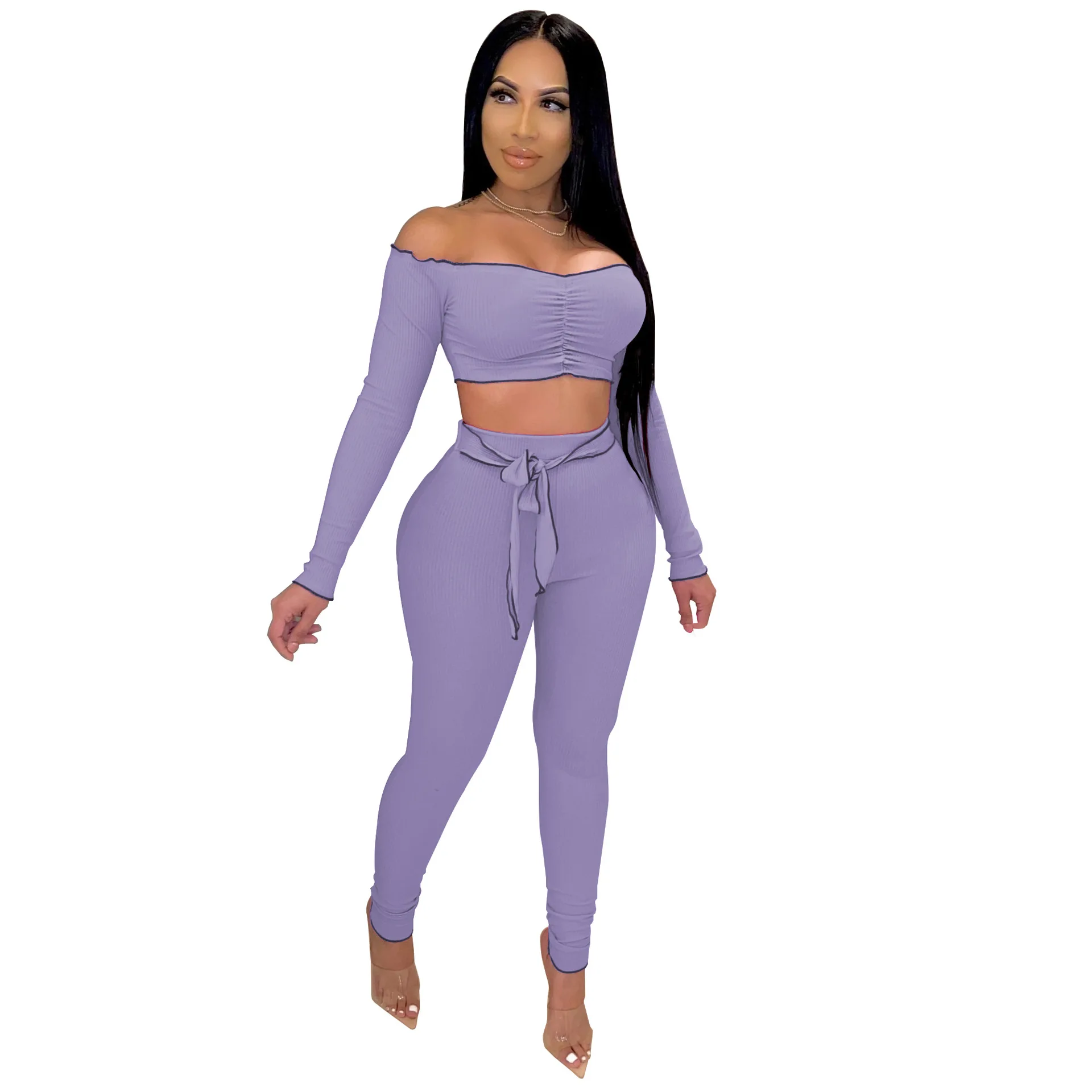 Solid Color Slash Neck Sashes Full Trousers Summer Women Suit European and American Sexy Style Model Two Piece Set
Solid Color Slash Neck Sashes Full Trousers Summer Women Suit European and American Sexy Style Model Two Piece Set