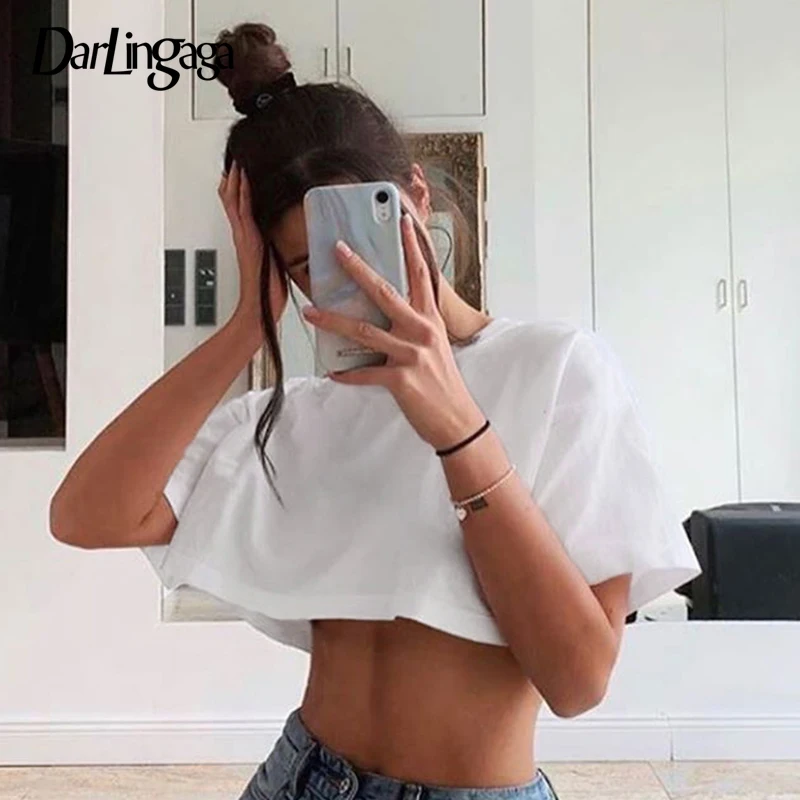 Darlingaga Casual Loose Cotton White Tshirt Women Solid Crop Top Short Sleeve Streetwear Summer T-shirts 2020 Tee Shirts Clothes | Женская