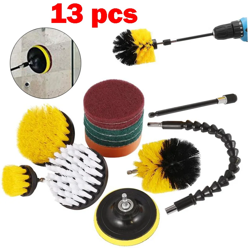 

13pc Drill Brush Attachments Set Scouring Pad Cleaning Brush for Drill Shower Tile Grout Carpet Glass Car Power Scrubber Cleaner