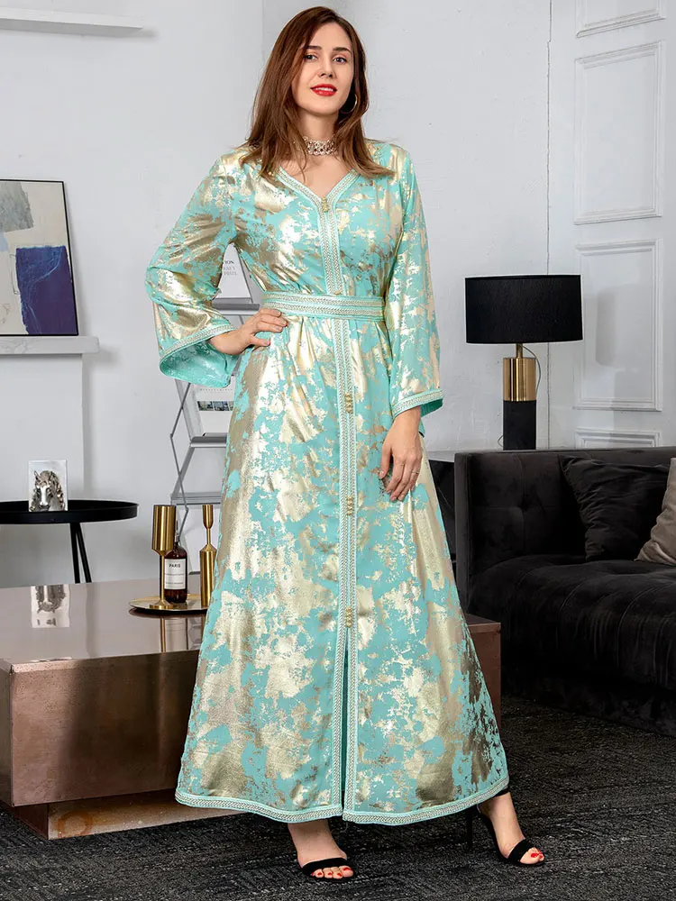 

Gold Print Long Dress Abaya for Women's Moroccan Caftan Belted Lined Chiffon Muslim Islam Dubai Arab Party Kaftan Ramandan