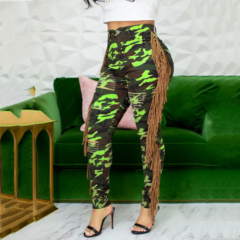 Women Fashion Camouflage Print Jeans New Tassel Slim Hole Denim Pants Female High Waist Streetwear Casual Sport Trousers
Women Fashion Camouflage Print Jeans New Tassel Slim Hole Denim Pants Female High Waist Streetwear Casual Sport Trousers