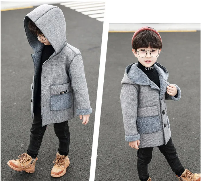 Boys' long woolen coat Korean children's Kid's Baby hooded heavy coat