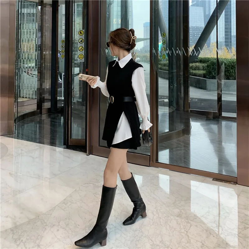 Korean Style Plus Size Long Sleeve Turn-down Collar White Suit Shirt Women 2021 Spring Chic Lomg Knit Vest Jacket Two-Piece Set 
Korean Style Plus Size Long Sleeve Turn-down Collar White Suit Shirt Women 2021 Spring Chic Lomg Knit Vest Jacket Two-Piece Set
