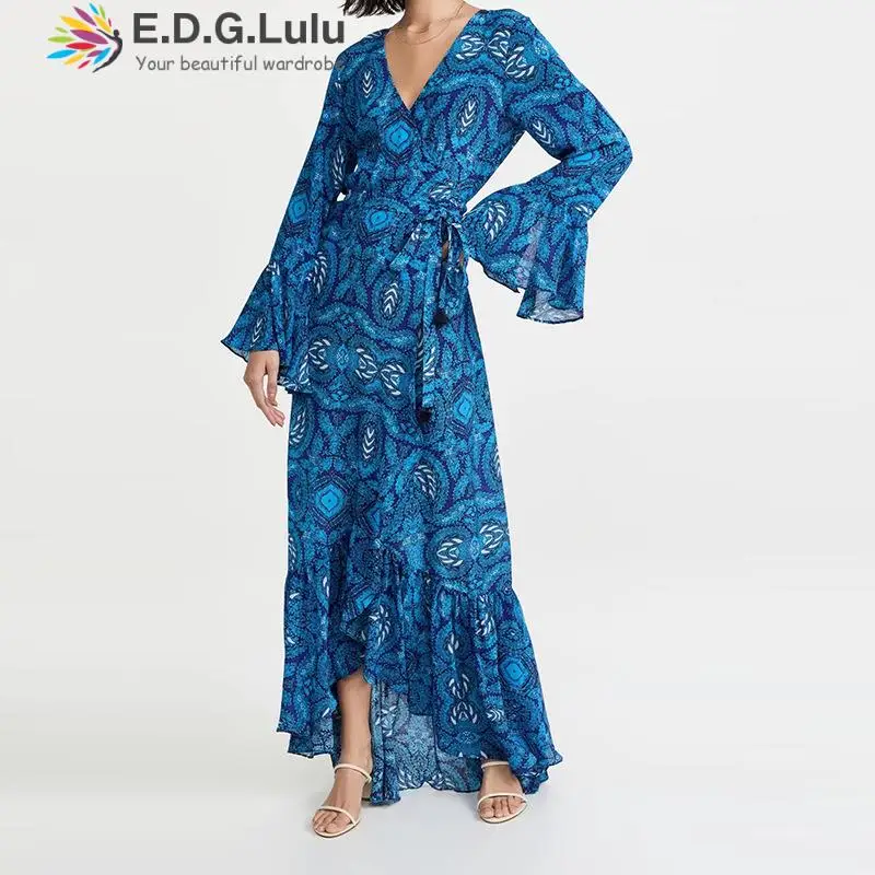 EDGLuLu Women's Clothing Boho Chiffon Print Long Dress Elegant Ladies V-neck Flared Sleeves Lace-up Bow Maxi Dress 1123
EDGLuLu Women's Clothing Boho Chiffon Print Long Dress Elegant Ladies V-neck Flared Sleeves Lace-up Bow Maxi Dress 1123